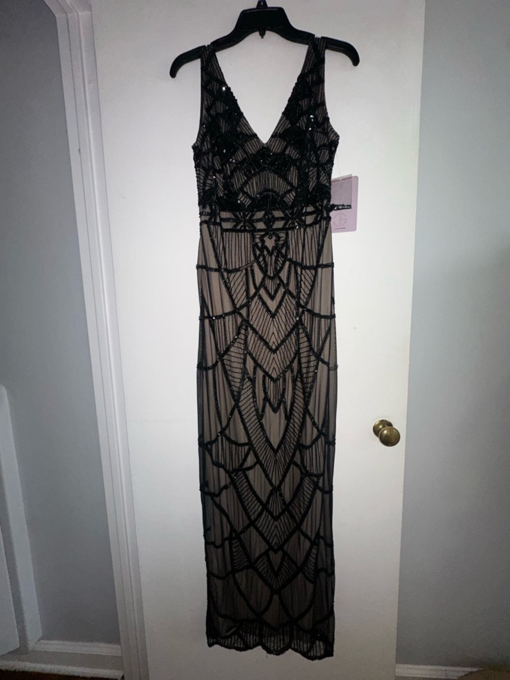 JS Collections Black Beaded Evening Gown with Nude Lining